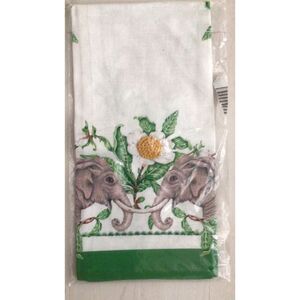 Anthropologie Lou Rota Elephant Dish Towel Green Gold Multi Printed Cotton NWT